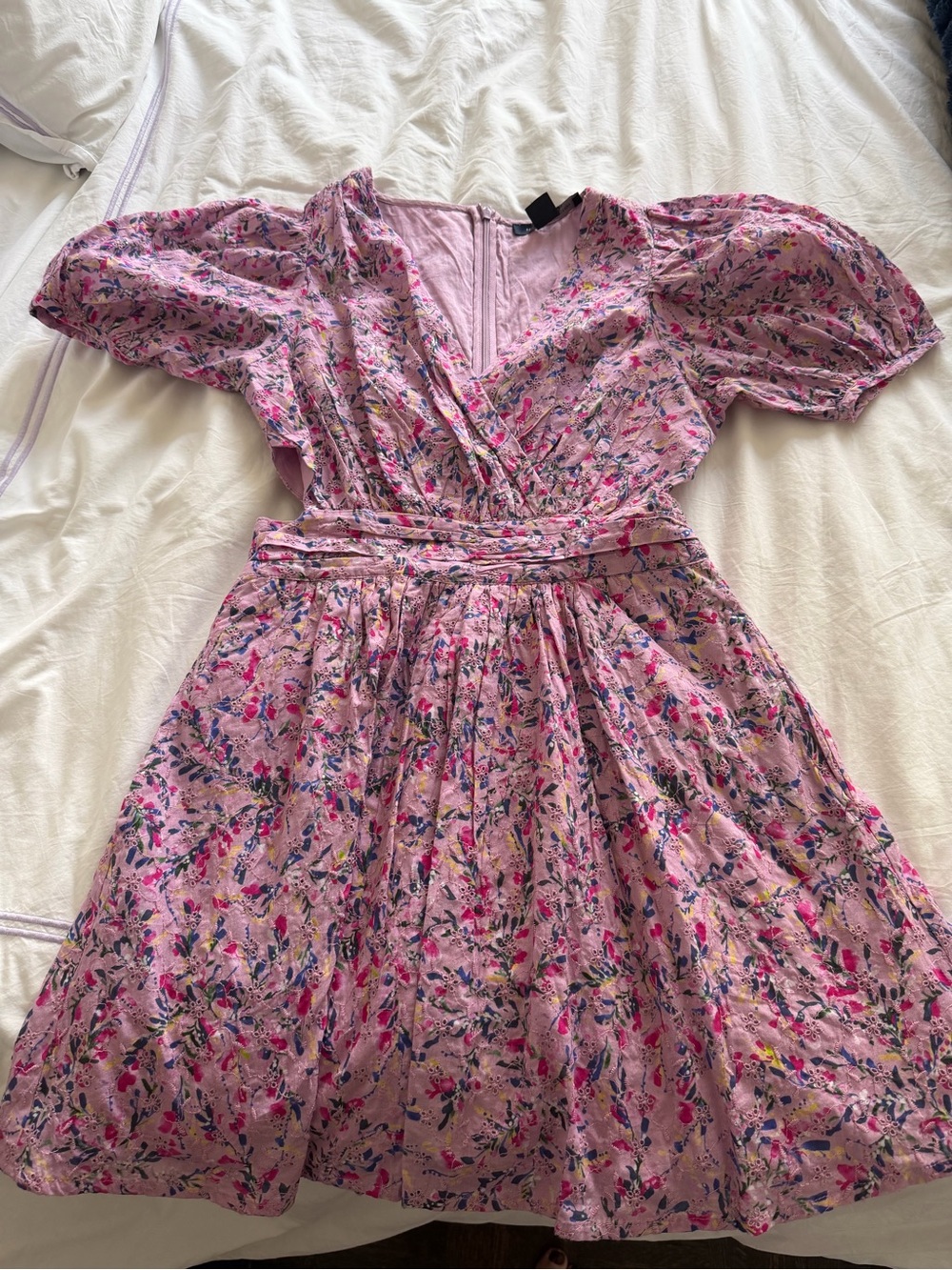 French Connection Pink Floral Wrap-Puff Sleeve Mini Dress